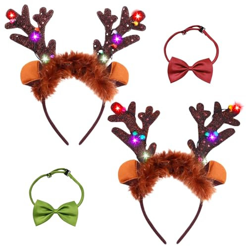 2 Haarreif Weihnachten,Rentier Haarreifs Weihnachtens mit 2 Schleifenbändern,Rentier Haarreifen LED, Weihnachtshaarreifen Erwachsene Kinder,Weihnachts Haarreif für Weihnachtsbedarf und Urlaubspartys