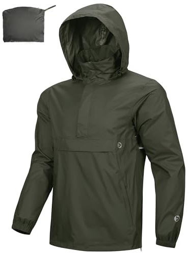 Outdoor Ventures Men's Waterproof Rain Jacket Packable Hooded Pullover | Stowaway Hood, Taped Seams, Reflective, Breathable, Windproof, Lightweight, Side Zipper, for Hiking Camping Traveling Cycling