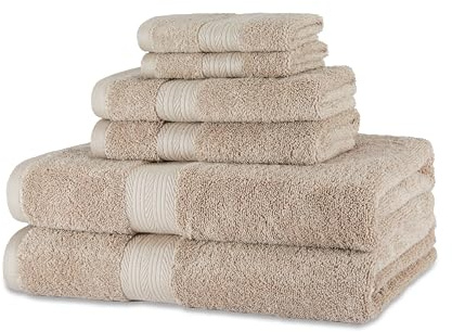 Amazon Basics 6-Piece Organic Cotton Bath Towel Set, Soft and Absorbent Bathroom Towels, Fade Resistant, 2 Bath + 2 Hand + 2 Flannel Face Cloths, Taupe