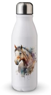 MAXIKIWI - Single Wall Water Drinking Bottle with Screw Cap, Non Insulated Lightweight Aluminium, BPA Free, Leak-Proof - Horse Watercolor - 500ml