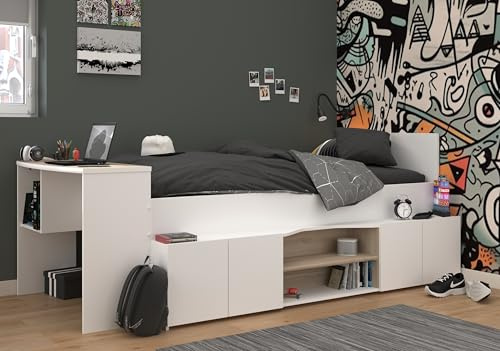 Faizee Möbel Parisot Cleo 1 halbhohes Hochbett Trittstufen Ablageflächen Fächer Schreibtisch Stauraum Kinderzimmer Jugendzimmer Junge Mädchen Weiss Eiche