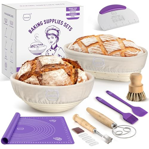 MIAOKE Kit di Forniture per la Cottura del Pane con Pasta Madre: Frusta per Impasto, Lama per Pane, Cestini per la Lievitazione Rotondi da 10 Pollici E 9 Ovali, Raschietti Impasto, Pennello Forno