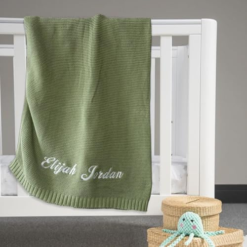 Personalisierte Babydecke mit Namen, Baumwoll-Strickdecke, weich, atmungsaktiv, individuelle Babydecken für Jungen und Mädchen, Stickerei