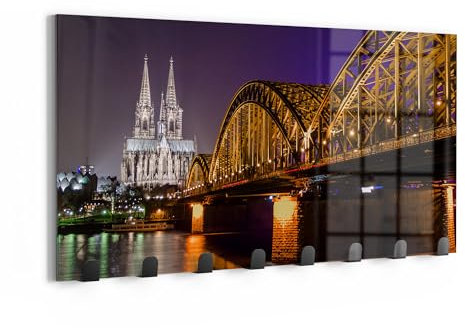 DEQORI Wandgarderobe Glas & Metall | Motiv Kölner Nachtglanz | 60x30 cm | Design Haken-Leiste modern | Garderoben-Paneel für Flur, Wohnzimmer & Schlafzimmer | magnetisch & beschreibbar