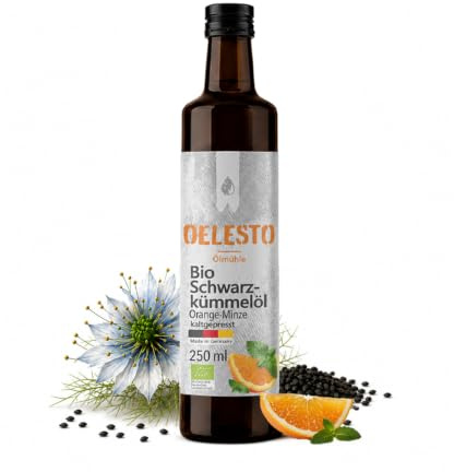 OELESTO® BIO Schwarzkümmelöl - kaltgepresst ungefiltert - 250ml, Orange-Minze Geschmack [4600mg/kg THYMOCHINONGEHALT] - Black Seed Oil - ägyptisches Schwarzkümmel Öl - naturbelassen – mühlenfrisch