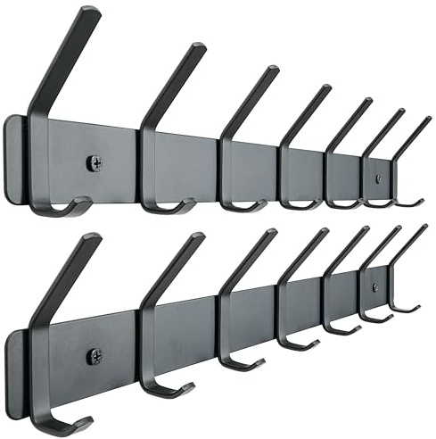 Honsky Garderobenhaken,Garderobenleiste,Wandgarderobe,Hakenleiste mit 7 Doppelte Haken,Hakenleiste Garderobe für Jacken,Mäntel,Schals,Schwarz (2 Stück)