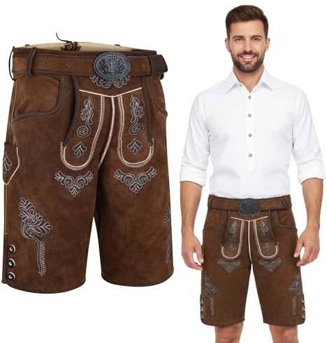 Spirit of Bavaria Lederhose Herren kurz I 100% Echtleder I Trachtenlederhose mit Gürtel I Ideal für Dein Oktoberfest Herren Outfit I Traditionelle Trachtenhose I Braun, Dunkelbraun, Schwarz Gr. 44-60