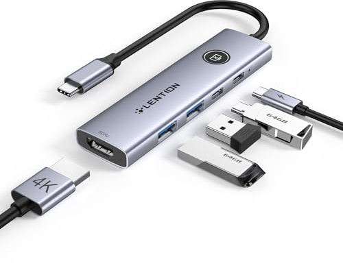 LENTION Hub USB C vers HDMI 4K@60Hz, USB 3.0, Bouton pour l'affichage HDMI | 5 en 1 Concentrateur USB-C Charge Rapide PD 100W, USB 3.0 5Gbps 2A1C pour MacBook Pro/Air 2016+, iPad, iPhone 17/16/15 Série