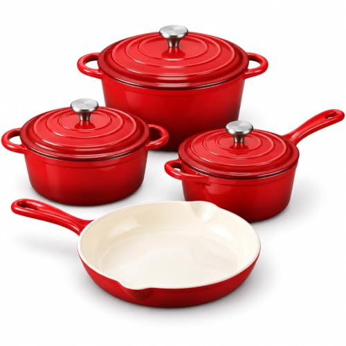 QuliMetal Nonstick emaljerat gjutjärnsköksredskap, 7 st krukor och stekpannor med lock, stekpanna stekpanna, såspanna, hälsosam rund holländsk ugnspanna för surdegsbröd bakning på alla spishällar