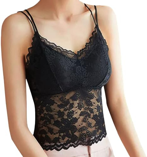 GWAWG Crop Top - Débardeur sexy pour femme, avec col en V, sans manches, en dentelle, Noir , Medium