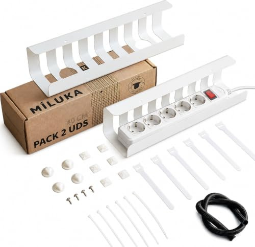 Pack 2 Organizador Cables Escritorio 40 cm, Metal Blanco con Kit Accesorios | 1 Funda cubre cables, 6 velcros, 4 clips sujeta cables adhesivos, 6 bridas, Bandejas cables para mesa de oficina, gaming o TV