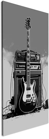 Rockige Nostalgie – E-Gitarre und Verstärker im Retro-Stil. Panorama-Format 80x40cm Effekt:Schwarz&Weiß XXL Kunstdruck Motiv auf Holzrahmen/Leinwandbild/Wandbild/Wohnzimmer Dekoration