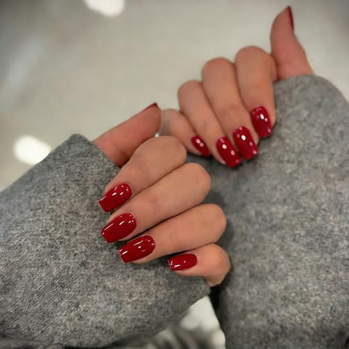 KQueenest Weinrote Press On Nails Mittel Eckig, Sarg Nägel zum Aufkleben Kurz, Glänzende Jelly-Gel Fake Nails Fingernägel zum aufkleben Ballerina, Einfarbig Acryl Kunstnägel für Frauen, 24 Stück