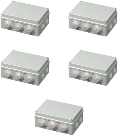 5 Scatole di derivazione esterne IP55, rettangolare 190 x 140 x 70 mm, scatola di giunzione per impianto elettrico, impermeabile, con passacavi, grigio, coperchio a vite, ideale per illuminazione