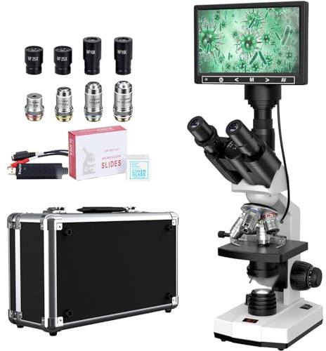 Microscopio compuesto trinocular de laboratorio de grado de investigación para adultos con aumento de 40X-2500X, pantalla LCD de 7 pulgadas, escenario mecánico termostato, cámara integrada de 5 MP