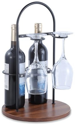 Soporte para botellas de vino y copas para encimera | Estante de vino pequeño para 2 botellas y 2 copas | Moderno almacenamiento de vino de mesa con base redonda de madera | Soporte de vino