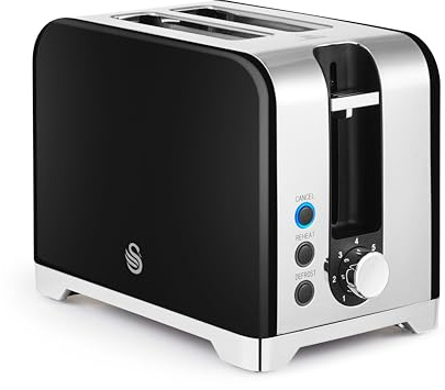 Swan ST19031BLK Solace 2 Slice Toaster, Premium Stainless Steel with a High Gloss Finish, 7 Browning Levels, Defrost, Reheat and Cancel Functions, Non-Slip Feet, Self-Centring Function, 930W, Black