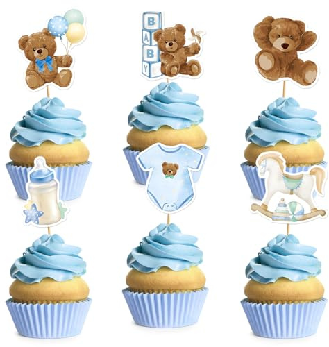 24 Stück Cupcake-Topper mit blauem Bärenmotiv – Party-Dekorationen für Babypartys und Gender Reveal (Geburtstag, Babyparty)