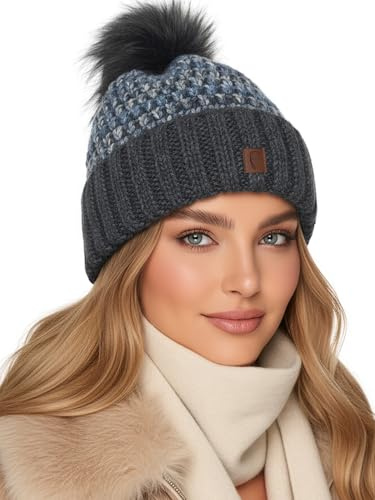 Baesics Bommelmütze Damen Herren - Wintermütze Kunstfell Bommel warm | Mit flauschigem Pompon und weichem Fleecefutter, Größe ca. 54-58 cm, Strick aus der EU. Warm für Herbst, Winter und als