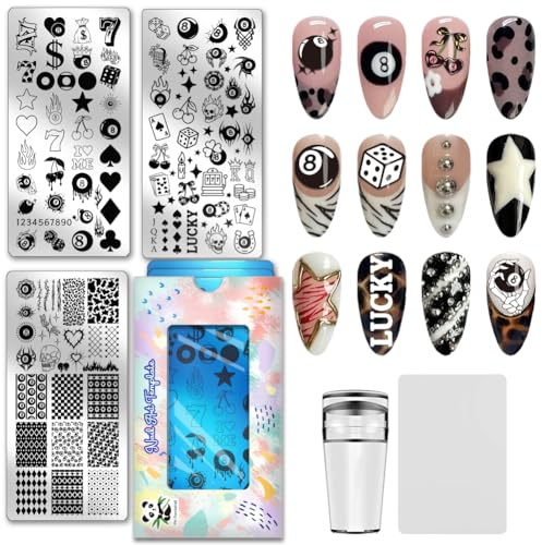 PH PandaHall 3pcs Billiard Ball #8 Nail Stamping Plates, Dice Playing Cards Nail Art Templates Goth Stencils Stainless Steel Image Plates Tool for Women Nails Print Manicures Salon Design Supplies