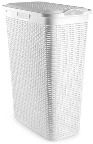 Slim Rattan Laundry Basket with Lid - 48.5 L Plastic Wicker-Style Hamper, Space-Saving & Durable Washing Bin for Bathroom, Bedroom or Utility Room (White)