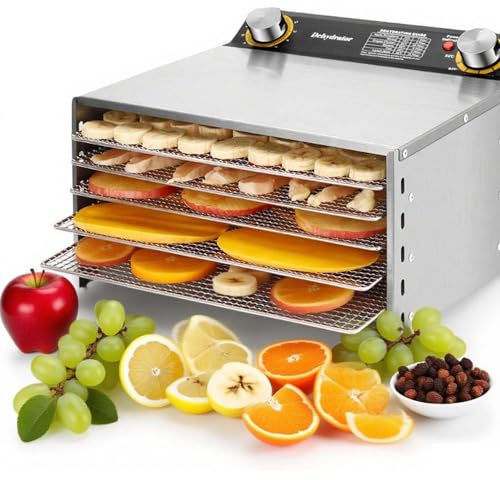 Secador Profesional De Alimentos 800W Con Bandejas Acero Inoxidable Extraíbles, Control De Temperatura 30–90°C, Temporizador 12h, Deshidratador Carne, Frutas, Verduras y Snacks Naturales(6Layers)