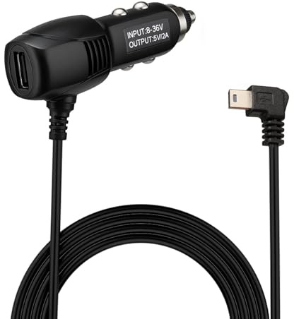 Dash Cam Power Lead 12V to 5V Mini USB Charging Cable 3.5M Wire 2A Power Supply Cable with 90° Right Angle Mini USB Connector & Extra USB Port For Dash Cameras GPS Navigation DVR USB Devices Black