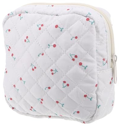 FONDOTIN Bolsa Menstruación Acolchada Blanca con Estampado de Cerezas Neceser Pequeño para Compresas Menstruales y Tampones Organizador Portátil para Higiene Femenina Viaje y Uso Diario