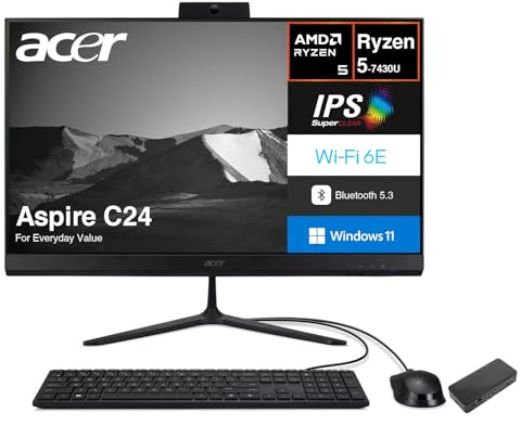 acer Aspire C24 Everyday Value All-in-One 23.8 IPS FHD Display (AMD Ryzen 5 7430U, 16GB DDR4, 512GB PCIe SSD, AMD Radeon, WiFi 6E, Webcam, Bluetooth 5.3, Win 11 Home) w/USB-C Dock