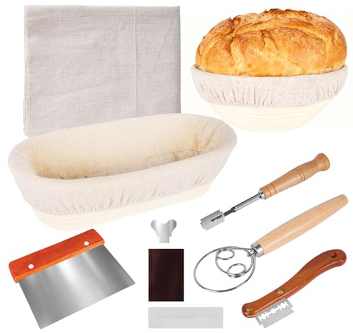 Brot Gärkorb Set, 23cm Rund & 25cm Oval Brotkörbchen, Natürliches Rattan Gärkörbchen zum Brotbacken, Sauerteig Starter Set Inkl. Brot Lahm, Leineneinsätzen, Teigschaber, Teigrührer