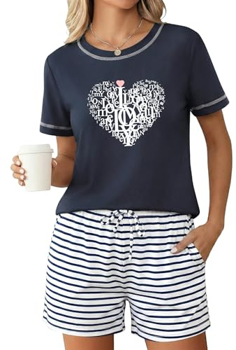 Leversic Ladies Pyjamas Summer Pj Short Set Striped Pjs Set With Pockets | Women Short Sleeve Cotton Sleepwear Set Print Loungewear Top and Striped Sleep Shorts S-XXL