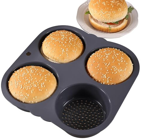 Molde de silicona para panecillos de hamburguesa – Molde para hornear de 4/6 cavidades, parte reutilizable para magdalenas, molde de pan antiadherente con pequeños agujeros para hornear