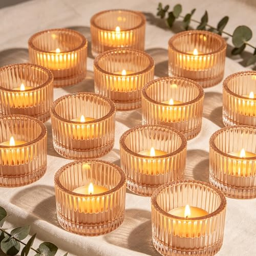 Filltown 12 Stück Teelichthalter, Gold Vintage Kleine Teelichtgläser, 5.2cm x 3.5cm Goldene Teelichter Glas, Teelicht Kerzengläser für Hochzeit Geburtstagsparty Home Decoration