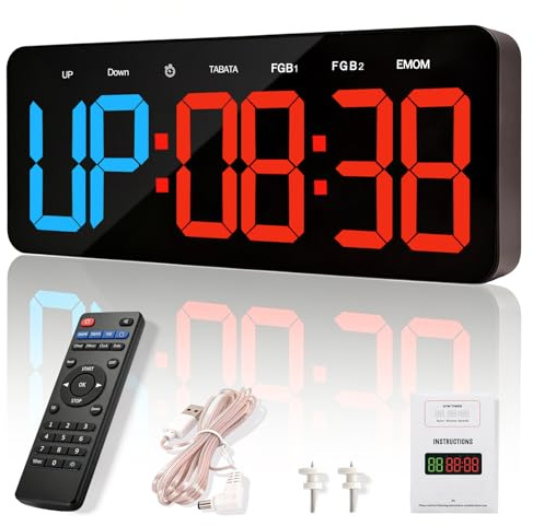 Manoive Temporizador de Gimnasio, 13 Grande Reloj de Pared Digital Temporizador de Intervalo LED con Countdown & Up Cronómetro, Brillo & Volumen Ajustable, Gym Timer con Control Remoto para Casa | Temporizador deportivo con Tabata EMOM FGB, brillo y volumen ajustables