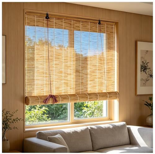 W60 x H160cm Tenda a rullo in bambù con tirante laterale Colore primario Materiale naturale per installazione interna,ideale per finestre e camere da letto