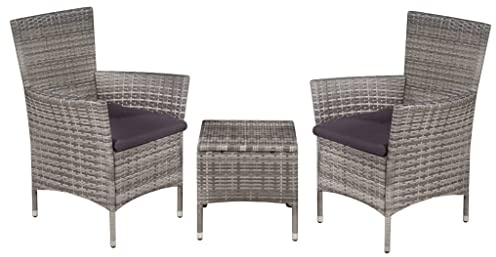 Qnhdfrt 3-TLG. Bistro-Set Poly-Rattan Gartenmöbel-Set für Balkon und Terrasse, Sitzgruppe mit 2 Stühlen und Couchtisch, Grau inkl. bequemer Sitzpolster, Stahlgestell