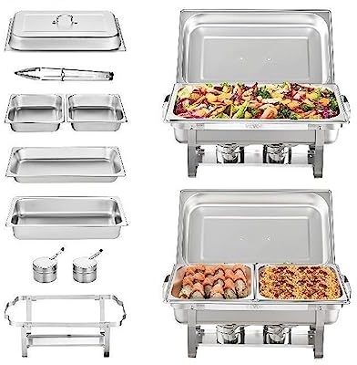 8QT Confezione da 2 Chafing Dish Buffet Set Chafer in acciaio con 2 padelle intere e 4 mezze dimensioni Scaldavivande rettangolare con coperchio