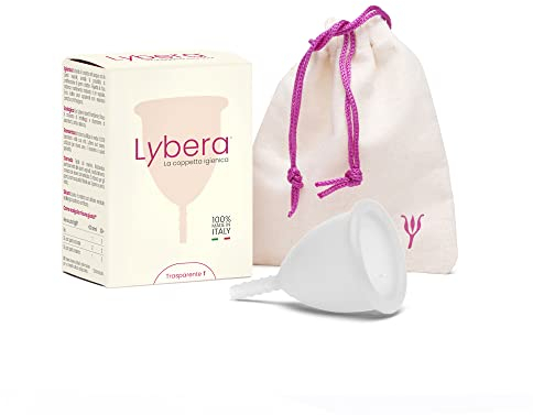 Lybera Coppetta Mestruale Made in Italy, Coppetta Mestruale Morbida, Sicura, in Silicone Medicale, Ecologica, per Igiene Intima, Comoda, Disponibile in 2 Taglie - Taglia 1, Trasparente