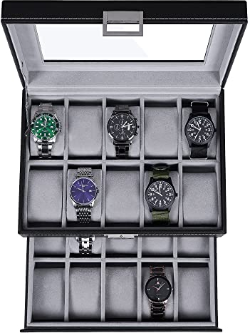 BEWISHOME Uhrenbox 20 uhren, Uhrenkasten Herren, uhrenaufbewahrung 2 Ebenen, Uhrenschatulle Herren und Damen, Metallscharnier, schwarzes PU-Leder, Glasplatte, großer Halter, ESSH04B