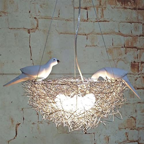 OMGPFR Birdcage Pendant Lamp LED Light Bird's nest Lights, Glass lampshade, Resin Bird, Aluminum wire Cage, for Dining Room Bedroom Cafe Bar Pastoral Rustic Chandeliers