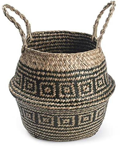 Woven Plant Pot Indoor Natural Rattan Seagrass Belly Basket with Handle Foldable for Laundry, Storage, Flowers, Toys (Black Stripe)