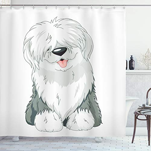 Ambesonne English Sheepdog Shower Curtain, Illustration of Domestic and Fluffy Sitting Animal on Plain Background, Cloth Fabric Bathroom Decor Set with Hooks, 69 W x 70 L, Off White Grey