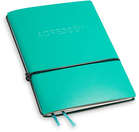 A7 und 7 mm dünn! Revolutionäres, kleines X17- Adressbuch ! Recyceltes Leder, türkis/grün; Innen: 1 Adressheft und einem Lesezeichenband, austauschbar=nachhaltig! Made in Germany, 17 Jahre Garantie*