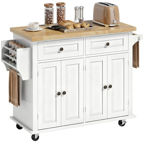 HOMCOM Kitchen Island Cart with Solid Wood Top, 44 Mobile Kitchen Island Table on Wheels with Storage Cabinets, 2 Drawers, Adjustable Shelves, Spice Rack & Towel Bar for Dining Room, White