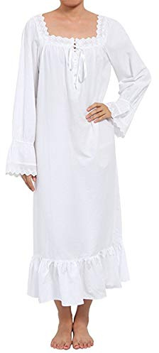 Womens Nightdress 100% Cotton Nightwear Sleepwear Victorian Vintage Nightgown Pajamas Sleep Shirt (White-long, S)