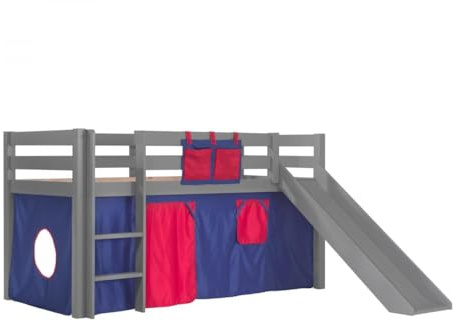 VIPACK Mittelhohes Bett Pino grau mit Rutsche - Domino Zelt
