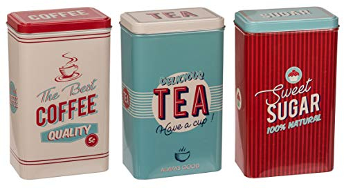 MIK funshopping Juego de lata de metal retro para café, té y azúcar, lata de café, té, azucarero con tapa (3 piezas, diseño vintage, color rojo, turquesa y crema)
