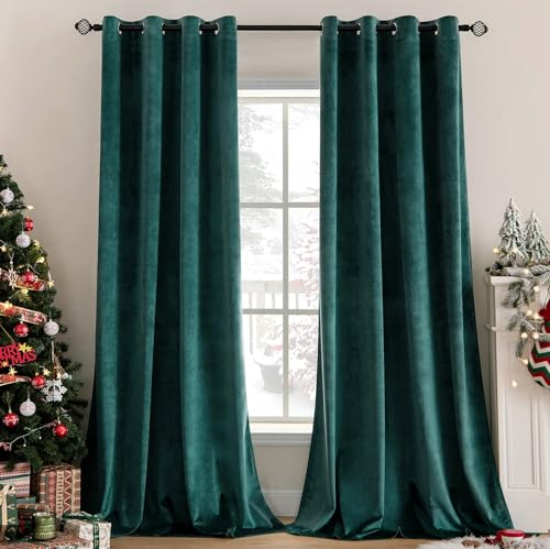 MIULEE Dark Green Velvet Curtains for Bedroom 2 Panel Set 54 Inch Drop Curtains, Soft Elegent Home Decor Velvet Curtain Living Room, Sun Blocking Room Darkening Thermal Eyelet Curtain 46x54 Inch
