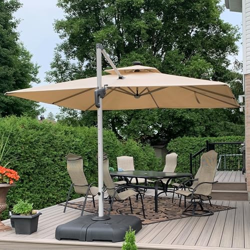 PURPLE LEAF Sonnenschirm Rechteckig 270 x 365 cm Ampelschirm mit LED Beleuchtung Marktschirm Groß 360°Rotation, Gartenschirm mit Kurbel, Balkonschirm XXL, Sonnenschutz UV50+, Beige