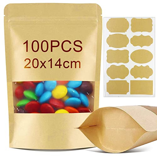 Sac Kraft Sacs en Papier 100 Pièces Sachet Kraft Papier avec Fenêtre | 20x14 cm | Sacs Kraft Alimentaires | Avec Fenêtre | Rangement pour Graines, Bonbons et Grains